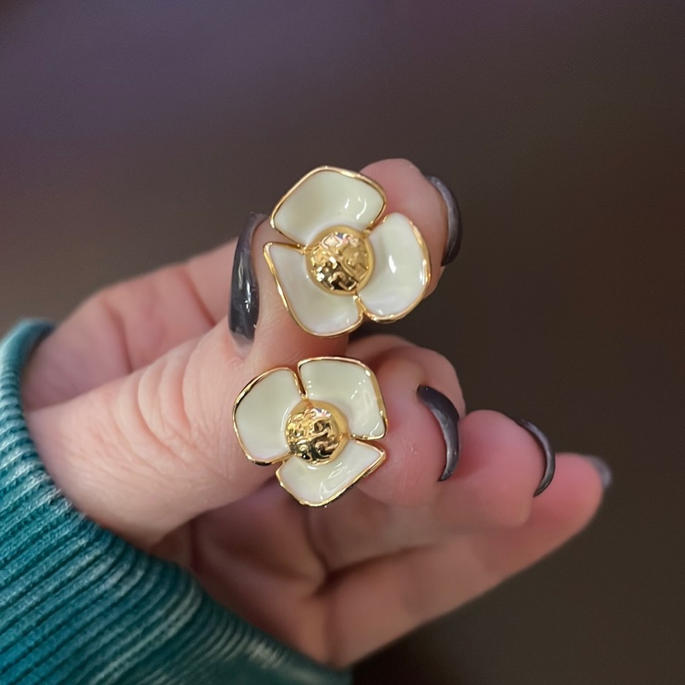 Tory Burch white and gold flower logo earrings